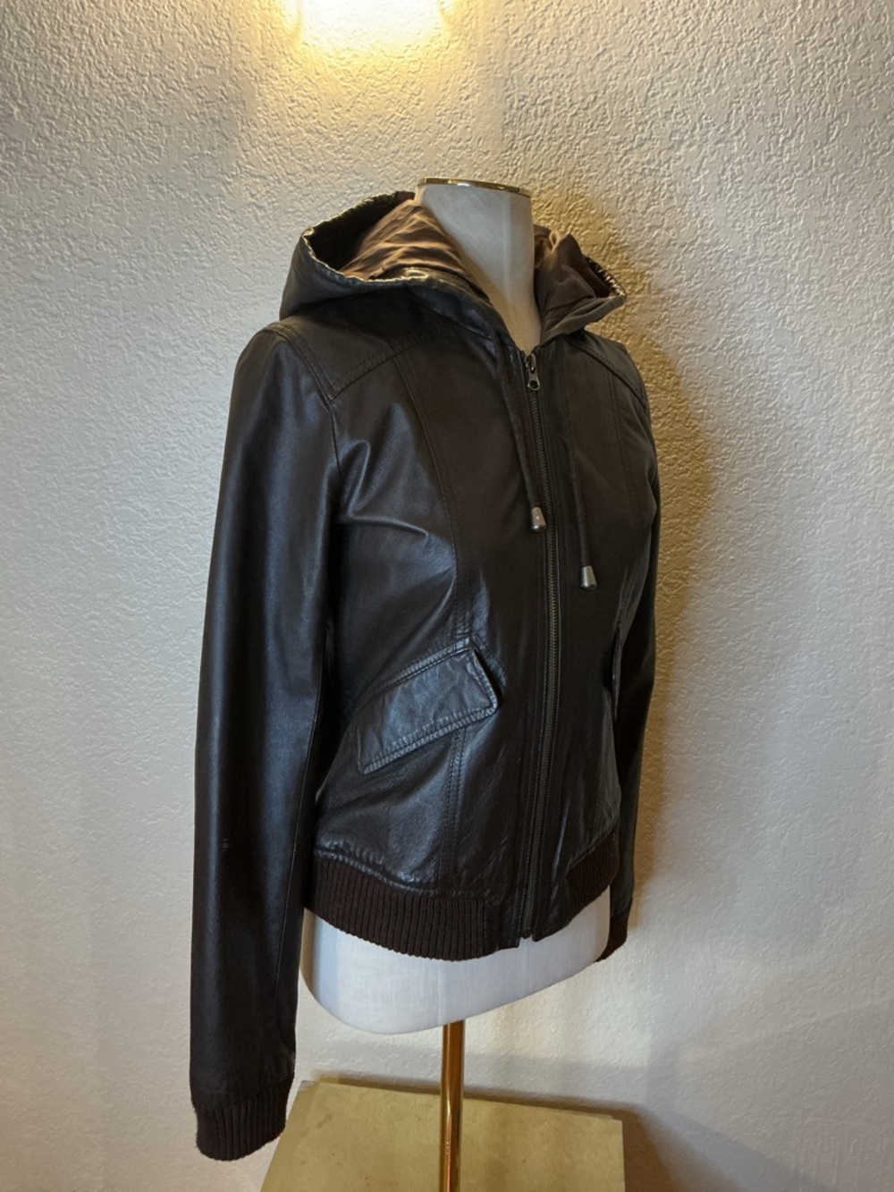BB Dakota Dark Brown Hooded Leather Zip Jacket
